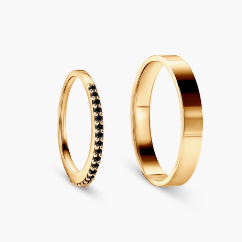 Obrączki Share Your Love: złote, czarny diament, płaskie, 1,5 mm i 3 mm